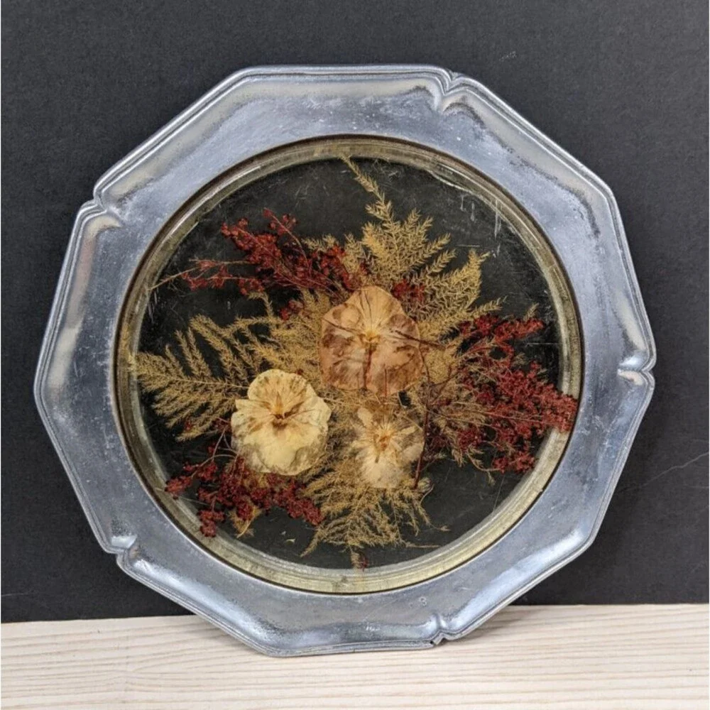 Colorflo Lucite Pewter Plate Trivet Tray dried Flowers Wall Decor  Cottagecore